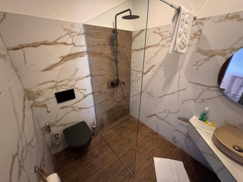 a bathroom with a shower and a sink at Casa Leone Hotel&Restaurant in Popova Shapka