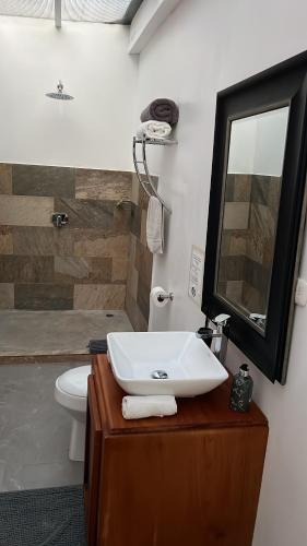 a bathroom with a sink and a toilet and a mirror at Casa yin yang in Carrillo