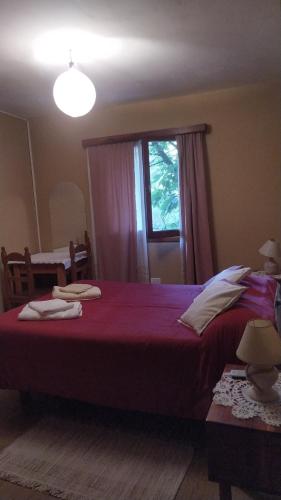 a bedroom with a red bed with a window at Hosteria Villa Turismo in El Bolsón