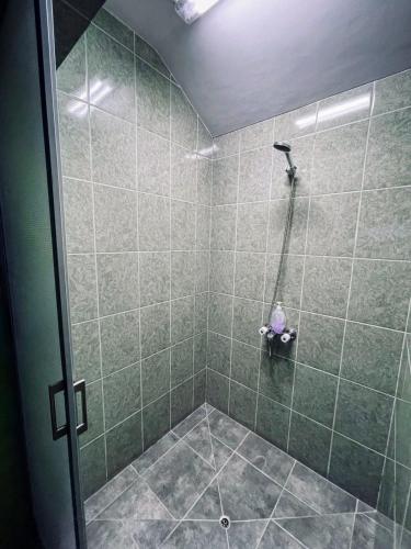 a bathroom with a shower with green tiled at Las mil y una noches in Punta Arenas