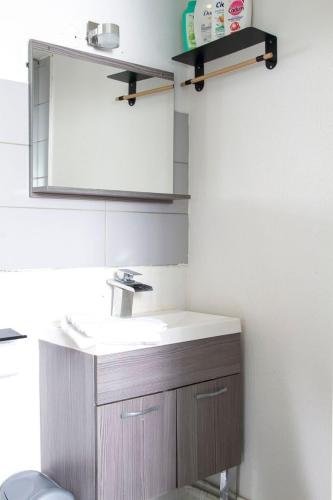 une salle de bain avec un lavabo et un miroir dans l'établissement La Petite Parenthèse, à Beure