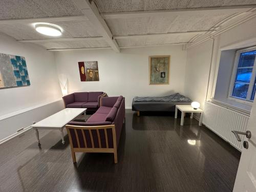 a living room with a couch and a bed at Lille hyggelig lejlighed 2 personer in Fredericia