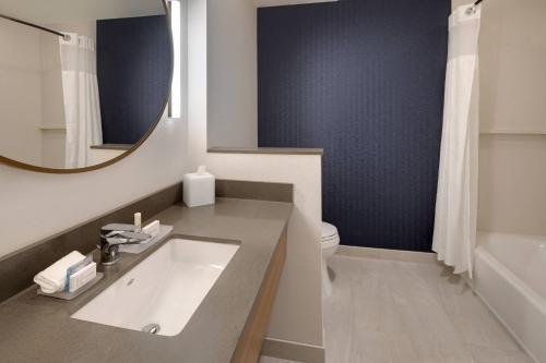 a bathroom with a sink and a mirror and a toilet at Fairfield Inn & Suites by Marriott Tampa Wesley Chapel in Wesley Chapel