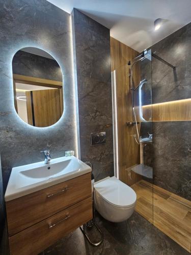 a bathroom with a sink and a toilet and a mirror at Noclegi APART - Domek na wyłączność in Gorlice