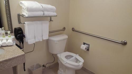 a bathroom with a toilet and towels at Country Inn & Suites by Radisson, Fort Worth West l-30 NAS JRB in Fort Worth
