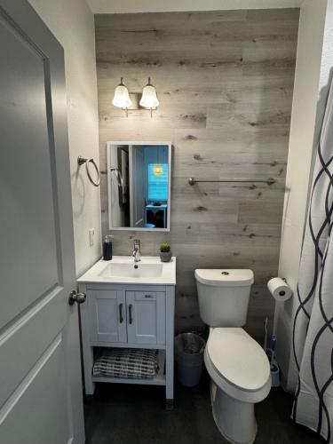 a bathroom with a white toilet and a sink at Elizabeth Manor in Downtown Huntsville in Huntsville