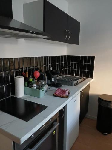 - une cuisine avec des comptoirs en noir et blanc dans l'établissement Beau studio - 1 personne, à Dijon