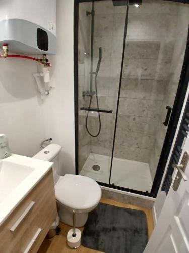 La salle de bains est pourvue d'une douche et de toilettes blanches. dans l'établissement Beau studio - 1 personne, à Dijon