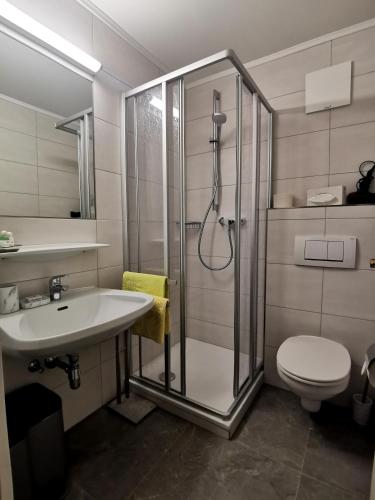 a bathroom with a shower and a sink and a toilet at Pension Garni Appartement Ortner in Sankt Johann in Tirol