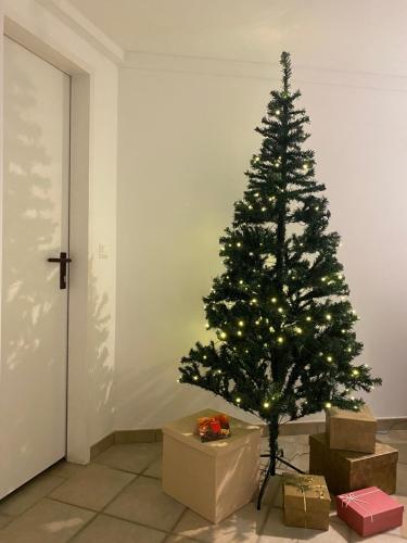 a christmas tree in a room with boxes at Apartments in Vienna suburbs - 40 min from Vienna city center 