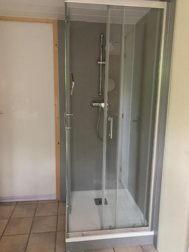 a shower with a glass door in a bathroom at Espace privé dans un parc arboré in Guebwiller