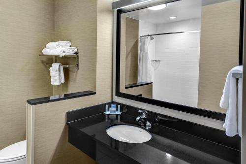 a bathroom with a sink and a mirror and a toilet at Fairfield Inn & Suites by Marriott Lansing at Eastwood in Lansing