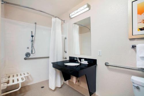 a bathroom with a black sink and a mirror at Fairfield Inn and Suites by Marriott Lakeland Plant City in Plant City