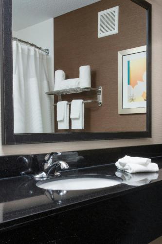 a bathroom with a sink and a mirror at Fairfield Inn & Suites by Marriott Terre Haute in Terre Haute