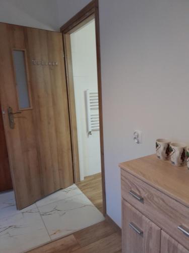 a bathroom with a wooden cabinet and a door at Apartamenty u Joli in Wisła