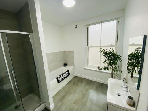 een badkamer met douche, wastafel en raam bij Seascape Seaview Apartment hot tub hire subject to availability in Scarborough