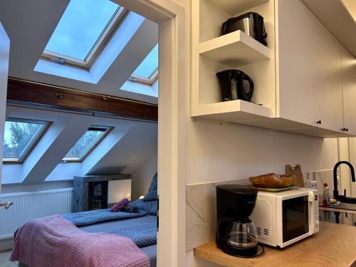 1 dormitorio con tragaluces, 1 cama y microondas en Sonnige Dachgeschoss-Oase!, en Jüterbog
