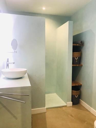 a bathroom with a sink and a mirror on a counter at La Majorera in Villaverde