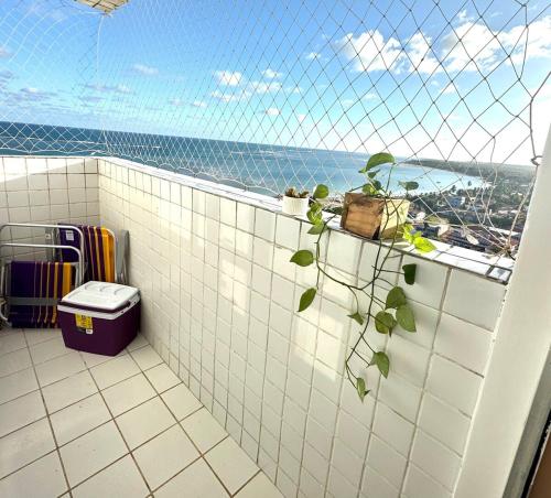 ein Bad mit einem Fenster mit einer Pflanze in der Unterkunft PROMOÇÃO DE INAUGURAÇÃO- 13 andar - vista mar in São José da Coroa Grande