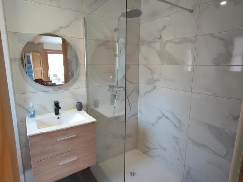 łazienka z prysznicem, umywalką i lustrem w obiekcie Duplex 2 chambres avec grande terrasse, animaux acceptés, à Samoëns - FR-1-642-77 w mieście Samoëns
