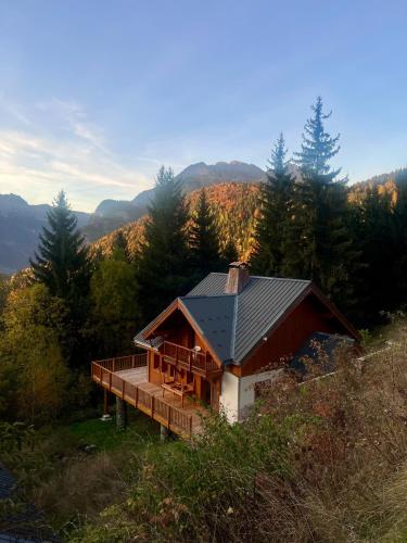 une maison au sommet d'une colline avec des arbres dans l'établissement Chalet 14 personnes Alpe d Huez, à Oz