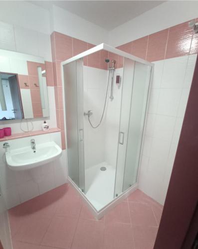 a bathroom with a shower and a sink at Rodinný apartmán Frymburk u aquaparku in Frymburk