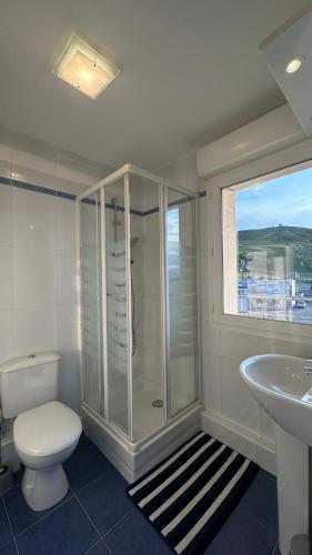 une salle de bain avec une douche, des toilettes et un lavabo dans l'établissement Appartements du Pic d'Anie, à Arette