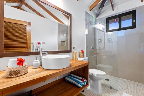 a bathroom with a sink and a toilet and a mirror at Coconut Row Boutique Hotel in Hopkins