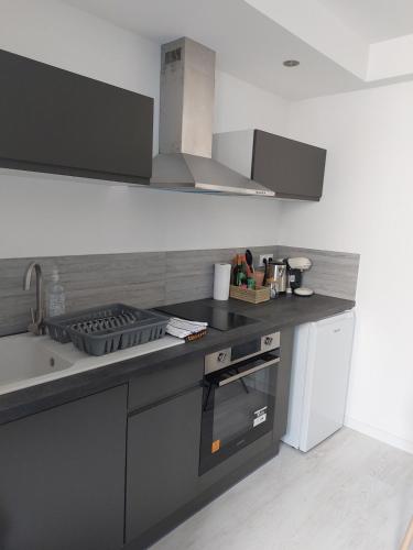 une cuisine avec un évier et une cuisinière four supérieur dans l'établissement Studio pour deux - WiFi, à Dijon