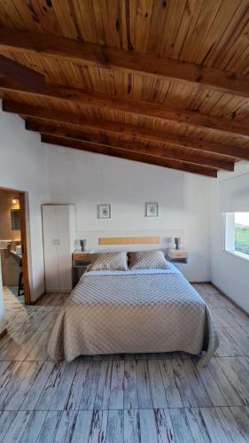 a bedroom with a bed and a wooden ceiling at Apartamentos-Cabañas Encanto II in El Bolsón