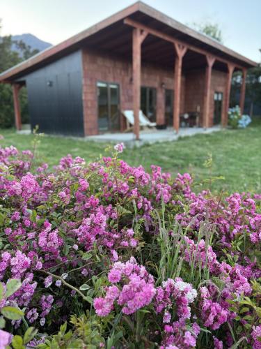 a field of purple flowers in front of a house at Rio Blanco in Hornopiren