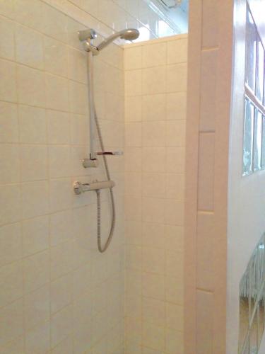 une douche avec pommeau de douche dans une salle de bain dans l'établissement location appartement 93 M2 plein centre historique, à Rouen