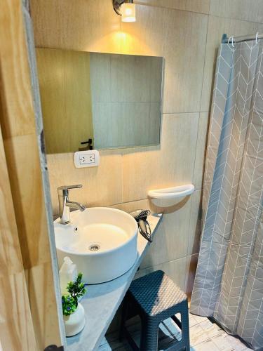 a bathroom with a sink and a mirror at Apartamentos-Cabañas Encanto II in El Bolsón