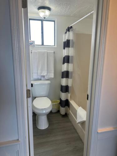 a bathroom with a toilet and a shower with towels at Nautical Motel in Hampton