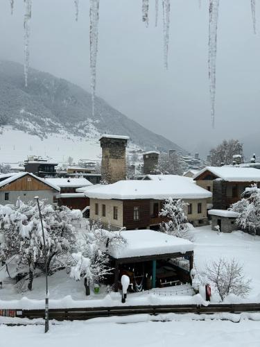 a town covered in snow with buildings and trees at Hotel Svanseti in Mestia