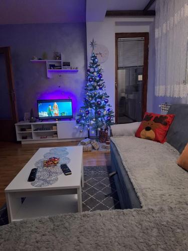 a living room with a christmas tree and a couch at Apartman 19 in Pale