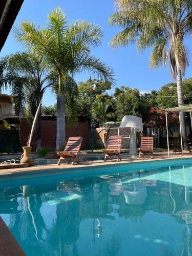 a swimming pool with two chairs and palm trees at Malíbungalows Departamento in Malinalco