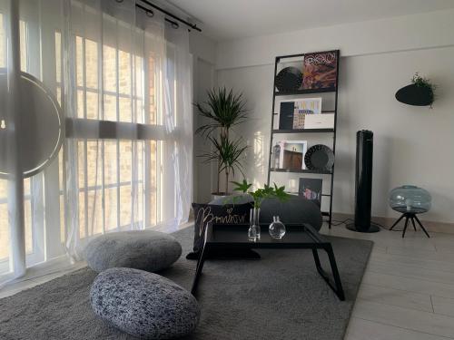 un salon avec un canapé et une table basse dans l'établissement Nice dupleix 5mins walk to gare monparnasse, à Paris