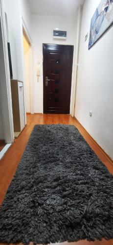 a hallway with a black rug in front of a door at Apartman Aki in Pirot