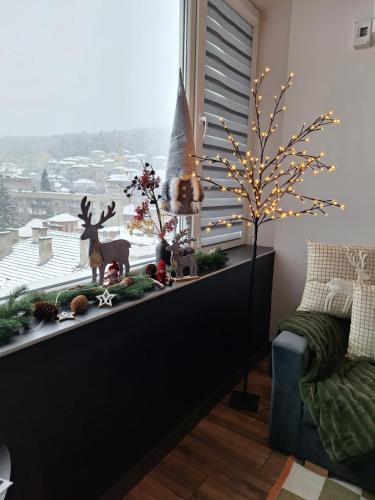 a window with christmas decorations on a window sill at Студио Даневски-Balkan Tower in Gabrovo