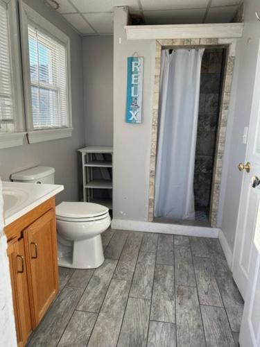 a bathroom with a toilet and a shower at Nautical Beach Apartments in Hampton