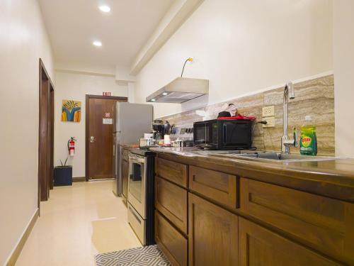 a kitchen with a counter with a sink and a microwave at Louis' Apartments in Placencia Village