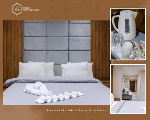 a collage of pictures of a bed with towels on it at Mirage pyramids view hotel in Cairo