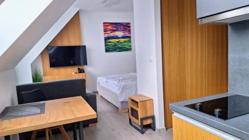a small apartment with a kitchen and a bedroom at Jane's - Cozy Lakeside Studio in Liptovský Mikuláš
