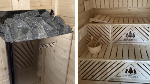 two pictures of a bird cage with rocks in it at Las Biala's - Domki z sauną i jacuzzi w Puszczy Noteckiej - Tylko dla dorosłych in Biala