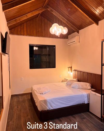 a bedroom with a bed with a wooden ceiling at Pousada Recanto do Canário Suite 3 Standart in Governador Celso Ramos