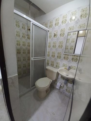 a bathroom with a toilet and a shower and a sink at Apartamento Jarhel in Aguachica