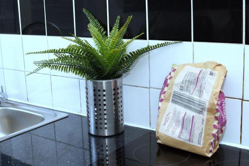 a plant in a vase on a counter in a kitchen at Tranquil Stays at 3 bedroom House in Dagenham in Dagenham