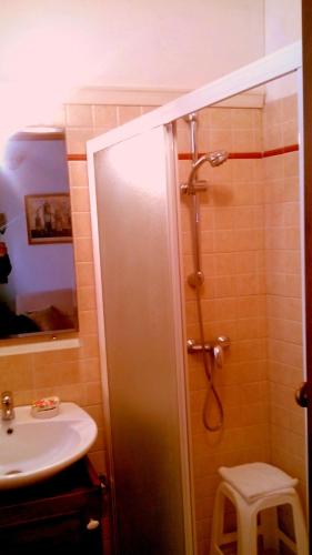 a bathroom with a shower and a sink at Miratrulli Apartment & Trullo dell'Aia in Alberobello