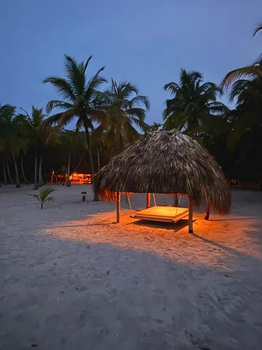 a beach with a straw umbrella and a bench and palm trees at Hotel Playa Bonita Tayrona in Buritaca